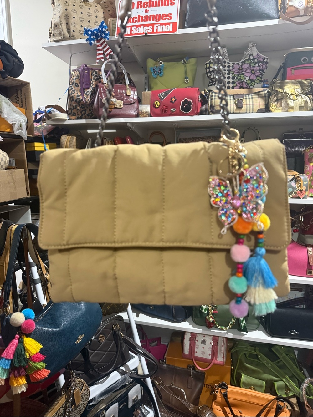 ZARA Quilted Tan Shoulder Bag with Colorful Butterfly Charm